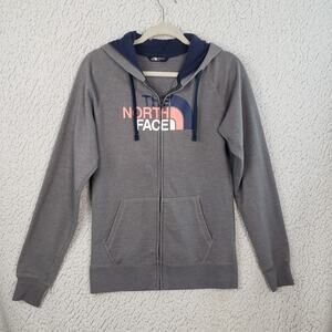 The North Face Zip Hoodie Womens M Gray Pink Logo Fleece Sweatshirt 38x25 Luxe